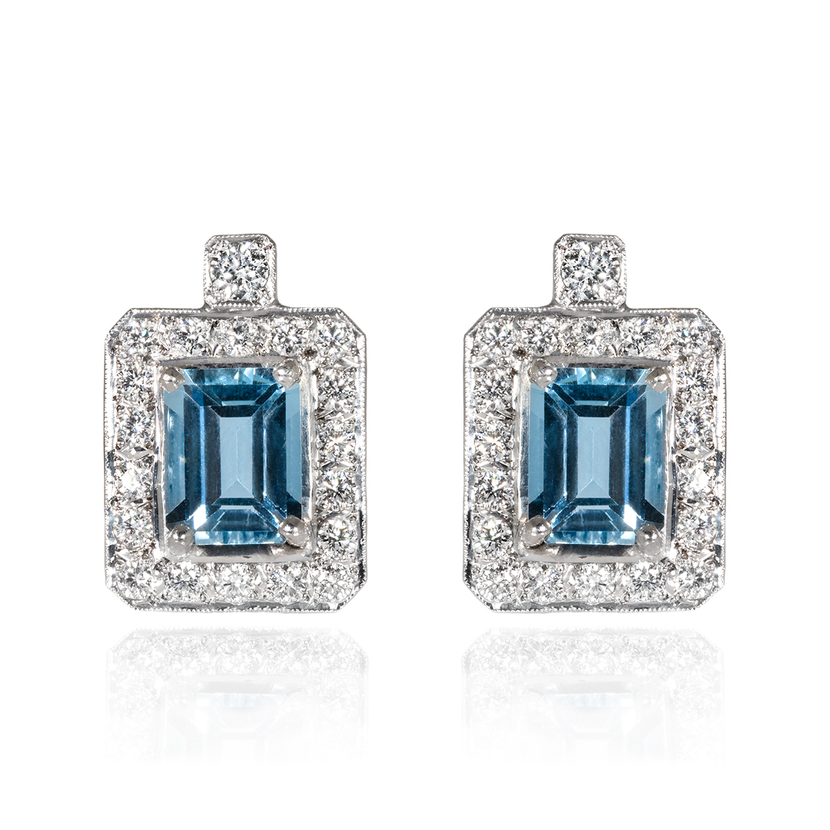 18ct White Gold Art Deco Style Earrings with Two Emerald Cut Fine Blue ...