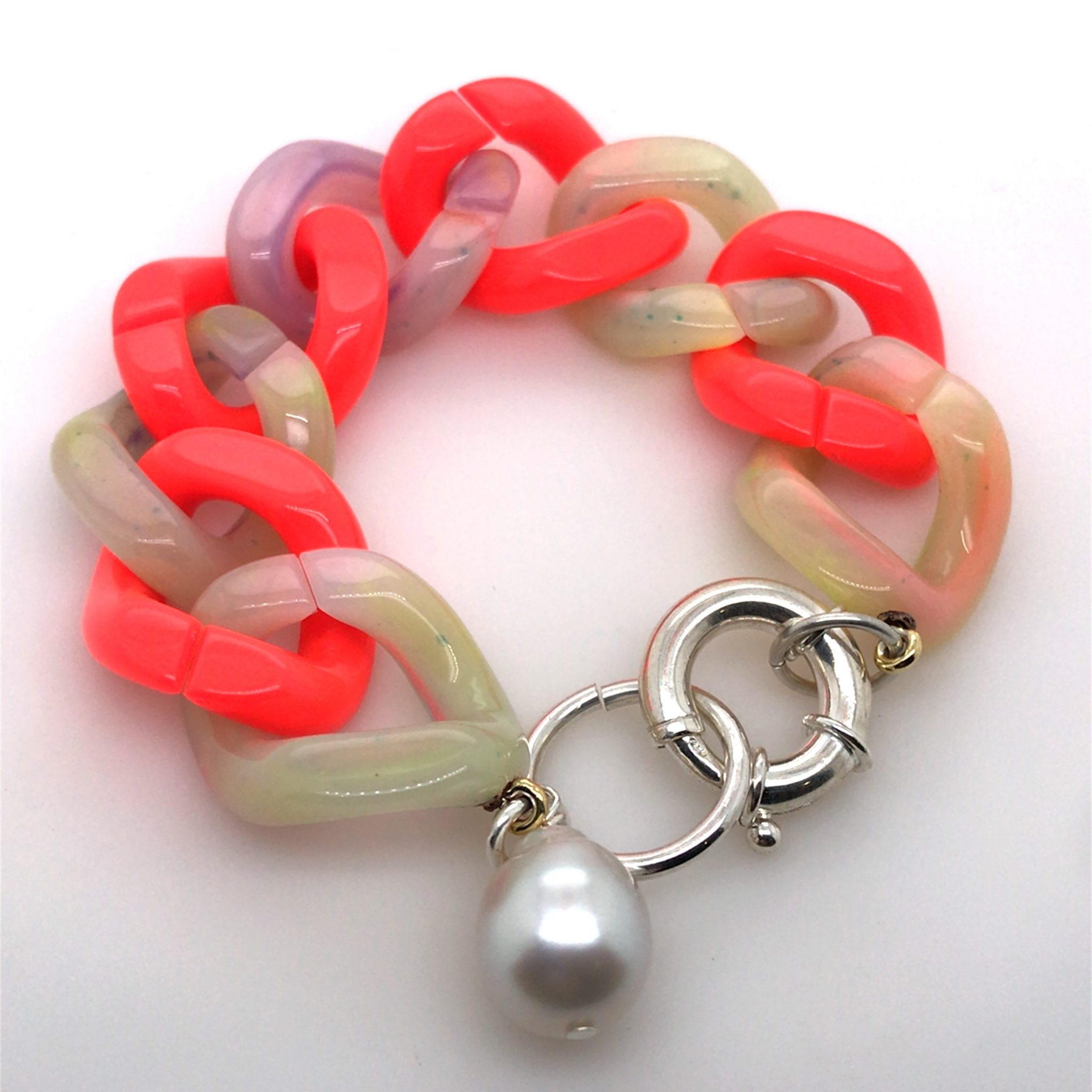 Sterling Silver Fluoro Watermelon And Gelati Resin Curb Link Bracelet With White South Sea Pearl 