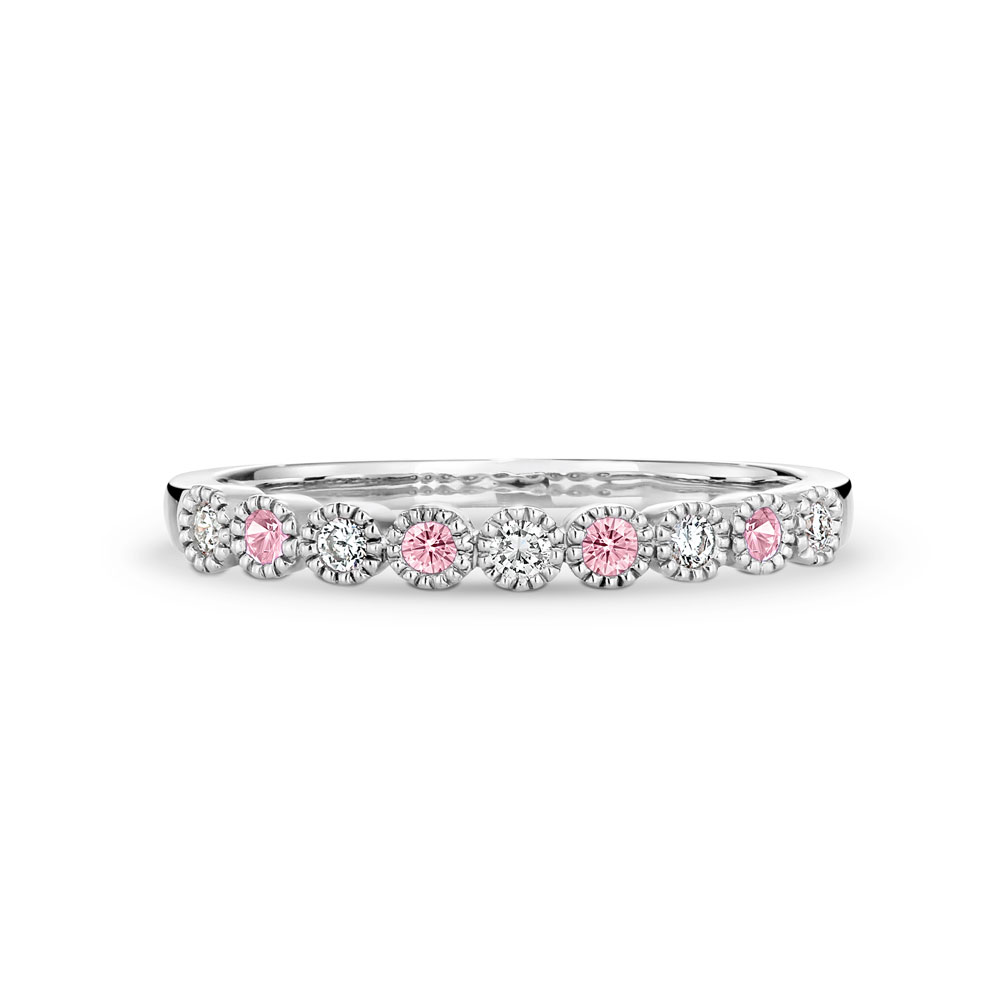9Ct White Gold Pink Sapphire And Diamond Band With Millegrain Detail ...