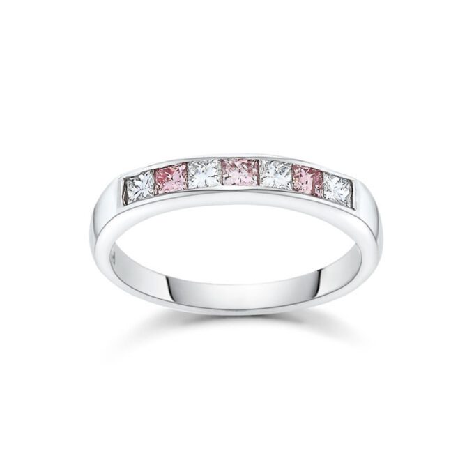 18ct White Gold Pink And White Princess Cut Diamond Eternity Ring, Channel Setting, 4 white princess cuts = 0.16ct total GVS1 and 3 pink princess cuts = 0.12ct 6P VS1