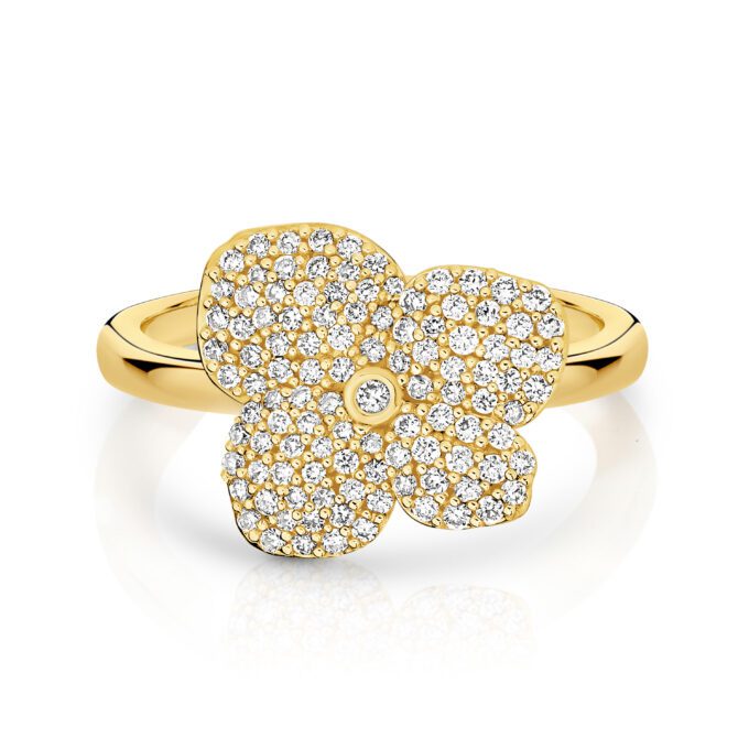 150th Hydrangea Pave Diamond Ring in 9ct Yellow Gold, 109 round brilliants totalling 0.42ct GSI2