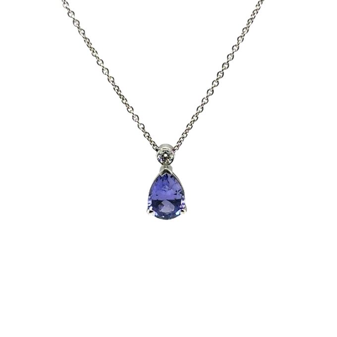 18ct white gold purple Ceylon Sapphire and Diamond Pendant on fine trace chain. S0.98ct D 0.05ct