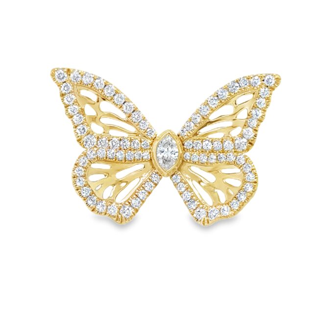 18Ct Yellow Gold Diamond Set Butterfly Ring' En Tremble' 1Marquise Dia 0.10ct 84 dia 0.50ct F vs