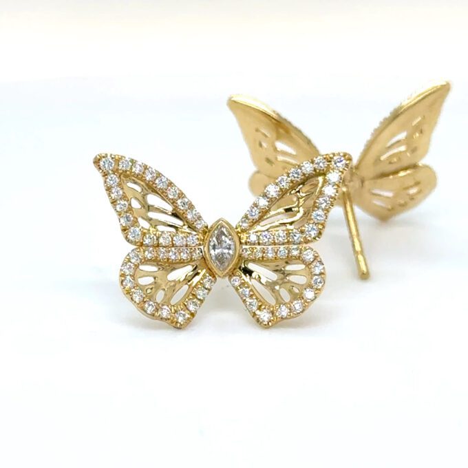18Ct Yellow Gold Diamond Set Butterfly stud earringst' En Tremble' 1Marquise Dia 0.10ct 68 dia 0.40ct F vs