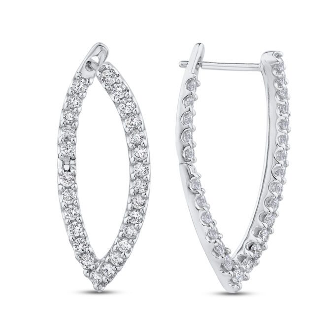 18ct white gold single row claw set V shaped huggies with 52 round brilliant diamonds totalling 1.09 GSI