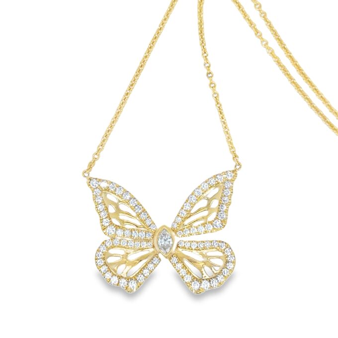 18Ct Yellow Gold Diamond Set Butterfly Pendant' En Tremble' 1Marquise Dia 0.10ct 84 dia 0.50ct F vs
