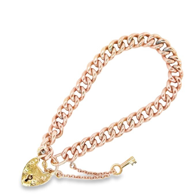 Vintage 9Ct Rose Gold Hollow Curb Link Padlock Bracelet With Removable Key 14.4 grams