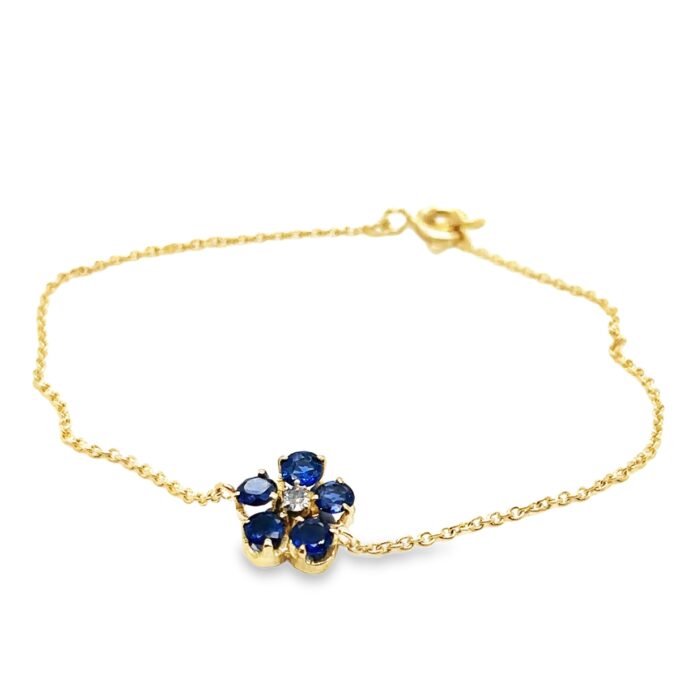 Sapphire and Diamond Flower Bracelet on 9ct yellow gold chain 17cm
