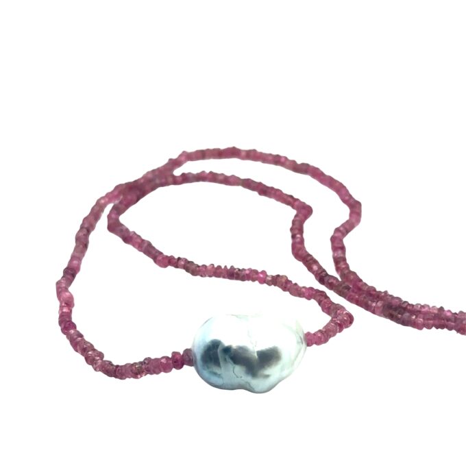 Long strand faceted tourmaline beads 78cm with a 20mm Baroque Broome pearl on gold barrel clasp
