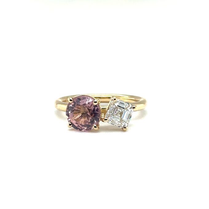 18Ct Yellow Gold Toi Et Moi Ring With Round Pink Tourmaline And Asscher Cut Diamond. Pt 2.08Ct D 1.02Ct F Vs