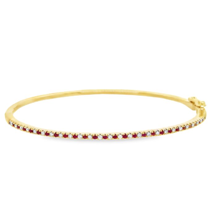 9ct YG single row claw set diamond ruby hinged bangle
Diamond - 27 = 0.24ct GSI
Ruby - 27 = 0.37ct 
diam - 60 x 50mm