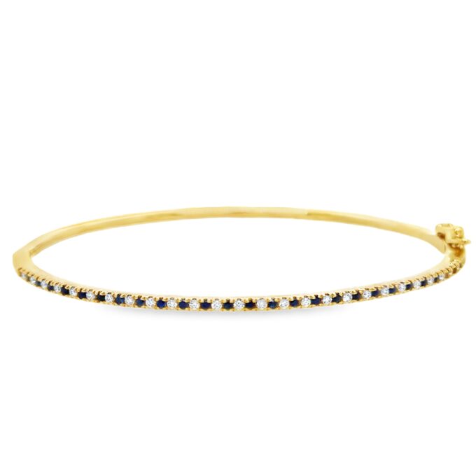 9ct YG single row diam. blue sapp. hinged bangle 60 x 50mm 
daim. 27 = 0.24ct GSI 
sapp. - 27 = 0.33ct
