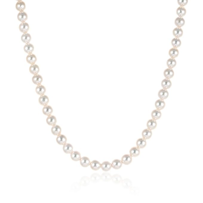 Single strand Cultured Akoya pearl necklace on silver clasp 78 pearls 5-5.5mm bright pink on cream lustre, 42cm