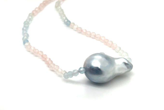 faceted aquamrine and morganite beads 45cm with a 25mm Baroque Broome pearl on gold barrel clasp