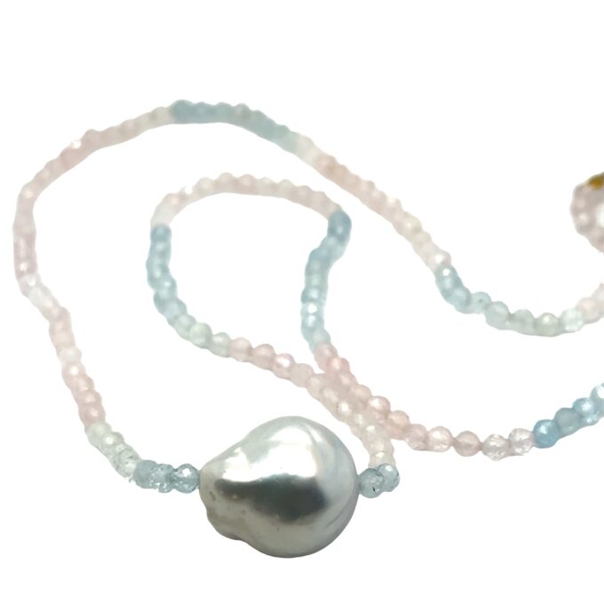 faceted aquamrine and morganite beads 52cm with a 15mm Baroque Broome pearl on gold barrel clasp