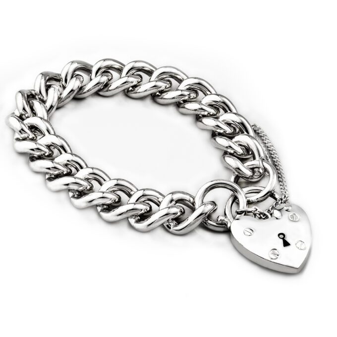 Sterling Silver Solid Curb Link Padlock Bracelet, 19cm, 11mm wide
