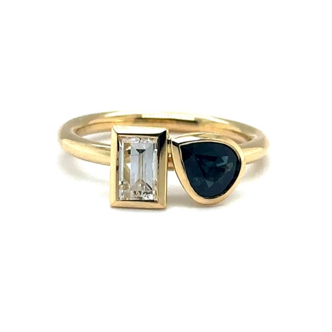 18Ct Yellow Gold Toi Et Moi Sapphire And Baguette Diamond Ring In handmade Bezel Setting. Pear Australian Sapp 0.65Ct Bag Dia 0.62Ct G Vs