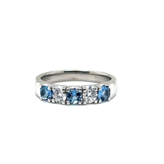 18ct white gold aquamarine and diamond 5 stone cut down eternity ring with 3 round aquas 0.45ct and 2 round brillants 0.36ct F SI1