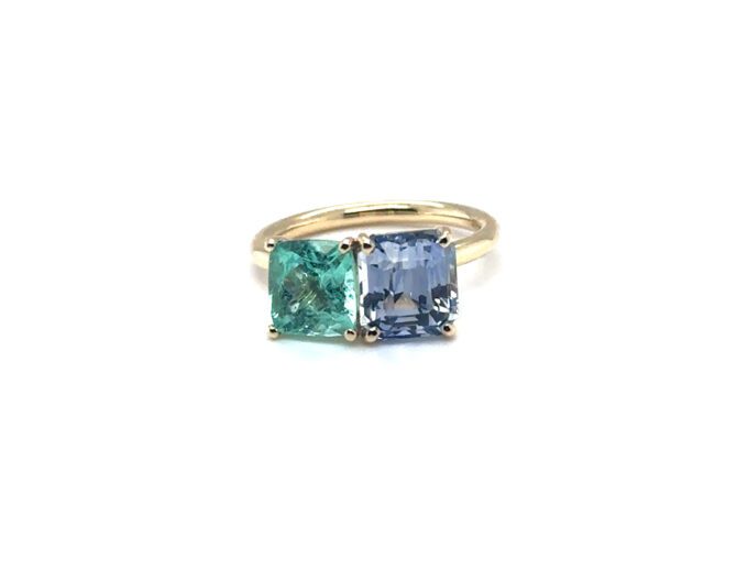 9Ct Yellow Gold Mint Tourmaline And Ice Blue Ceylon Spphire Toi Et Moi Ring In Handmade 4 Claw Settings, T 1.89ct S 3.99ct