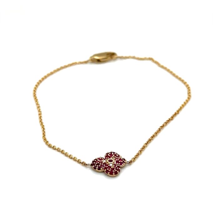 9ct yellow gold small pave ruby Hydrangea Bracelet on fine trace chain, 3 D 0.01Ct 46R 0.76Ct